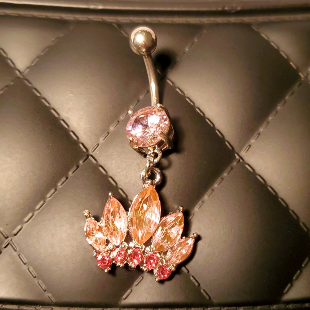 Stainless steel Belly button ring pink jeweled dangle crown 👑